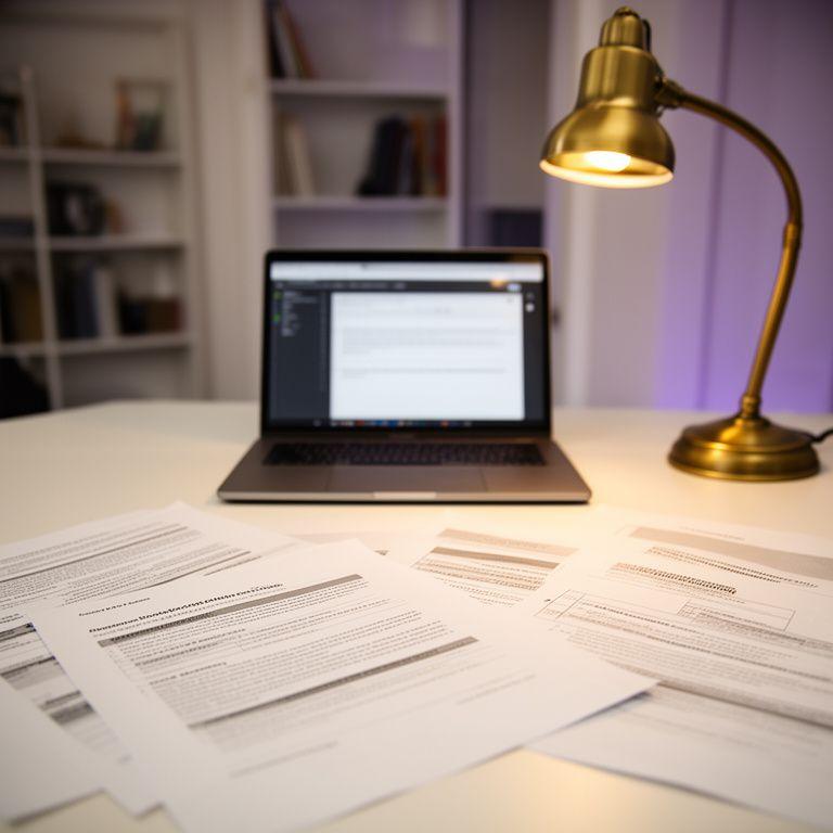 Modern advisory workspace with annotated contract pages, laptop, and brass desk lamp in a London office