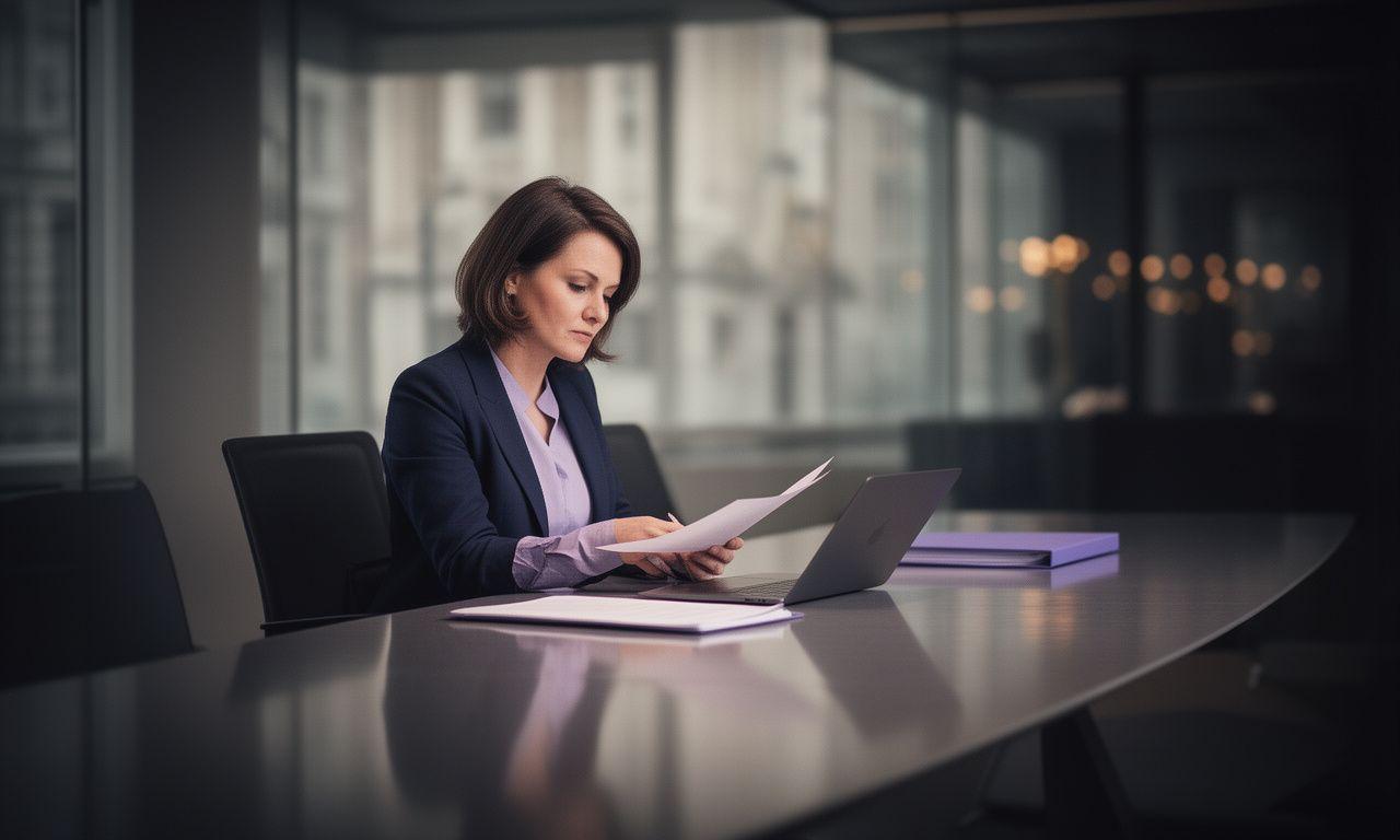 Legal adviser reviewing a contract pack beside a polished conference table in a London office