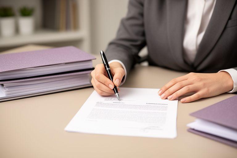 Professional services team member signing a client agreement in a calm office with legal folders